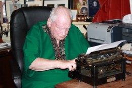 Sir Patrick Moore typing Ciaran Brown's letter